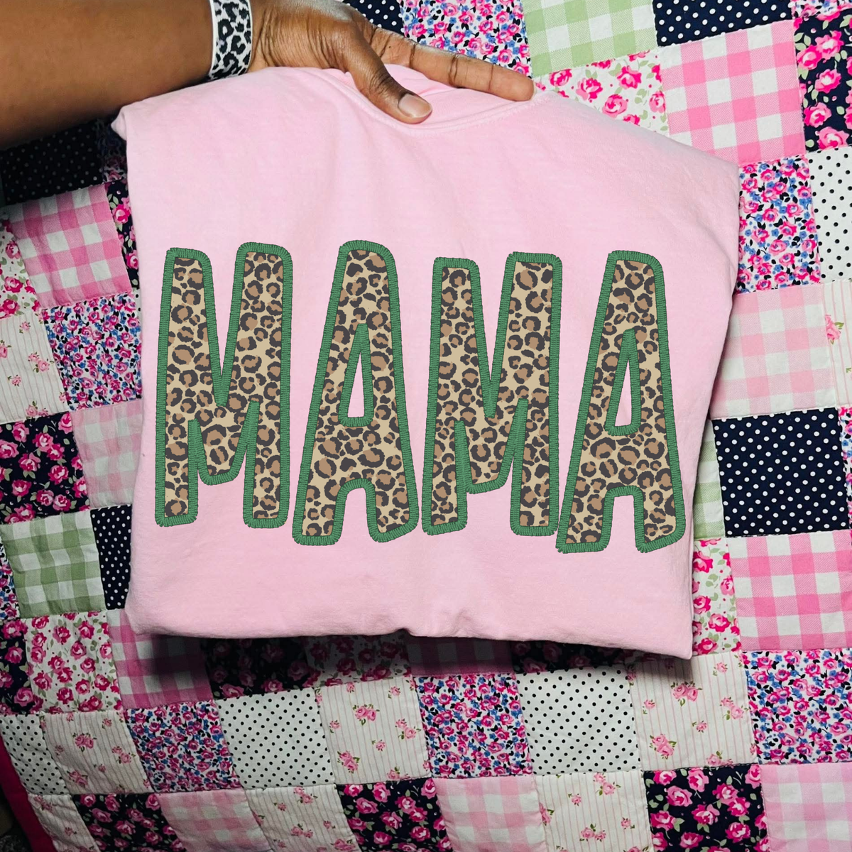 Mama Embroidered Leopard in Green Digital Design, PNG