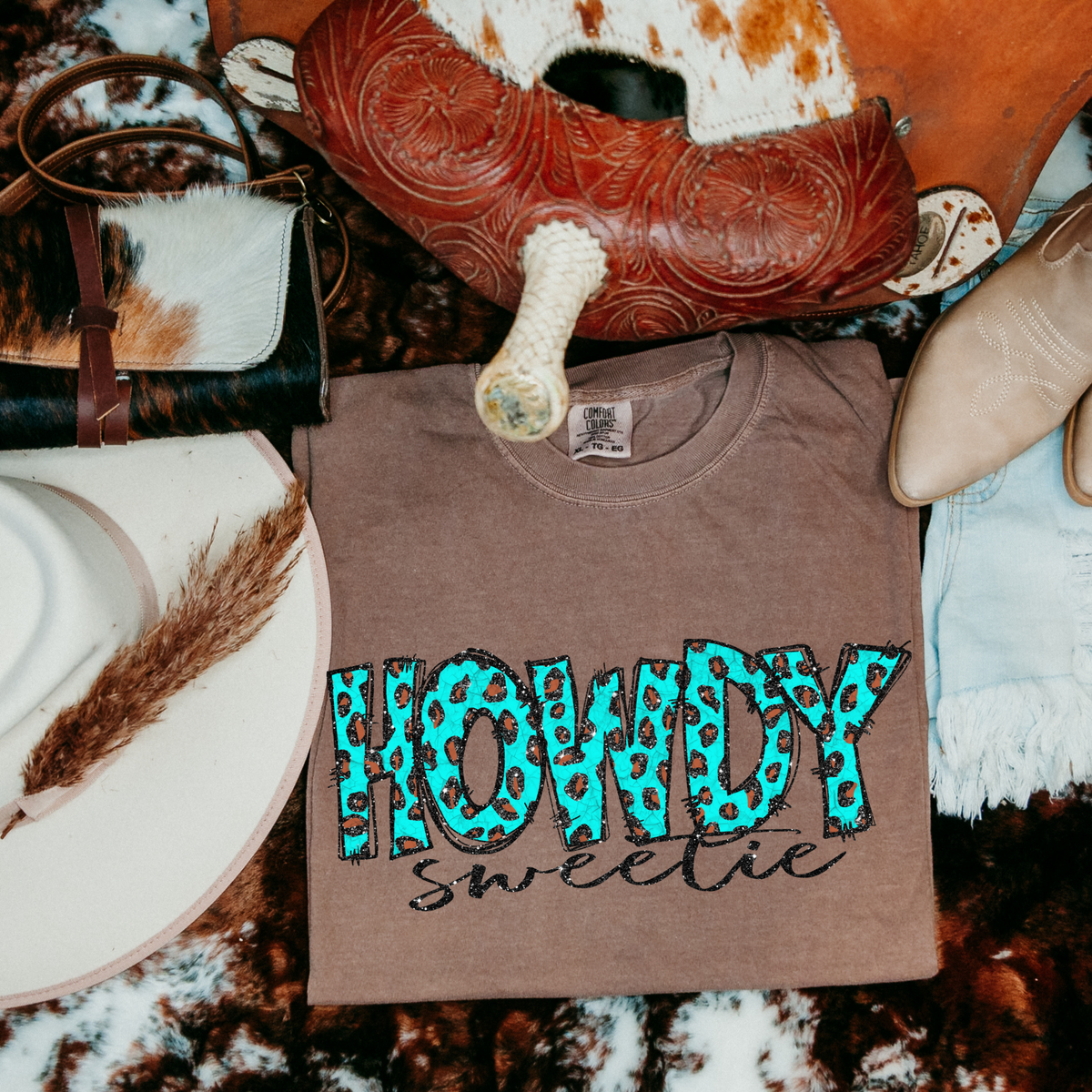 Howdy Sweetie Doodle Marbled Leopard Glitter in Turquoise Digital Design, PNG