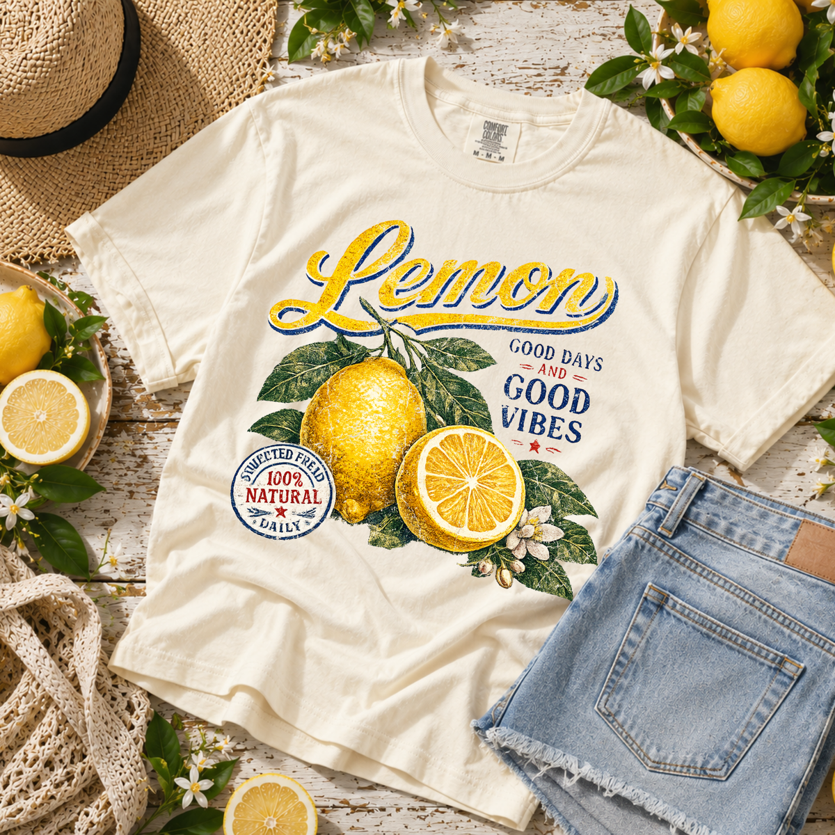 Lemon Good Days & Good Vibes Retro Distressed Digital Design, PNG
