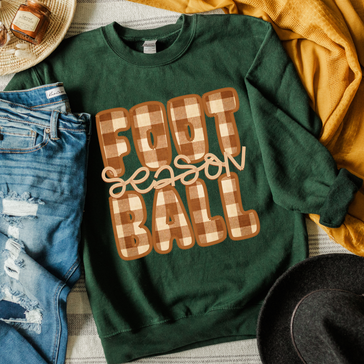Football Season Brown Gingham & Stitches Digital Design, PNG