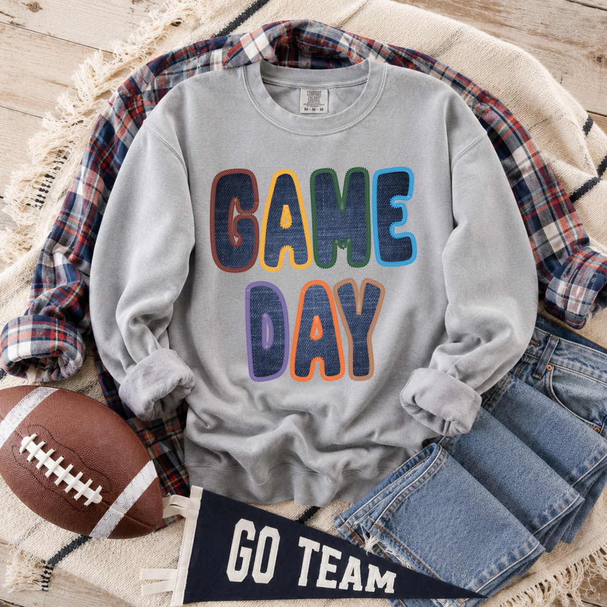 Game Day Dark Denim & Colorful Stitches Digital Design, PNG