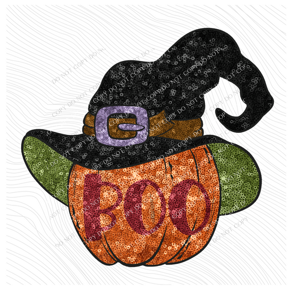 Witch Hat Halloween Boo Jack o’Lantern in Faux Sequin Digital Design, PNG
