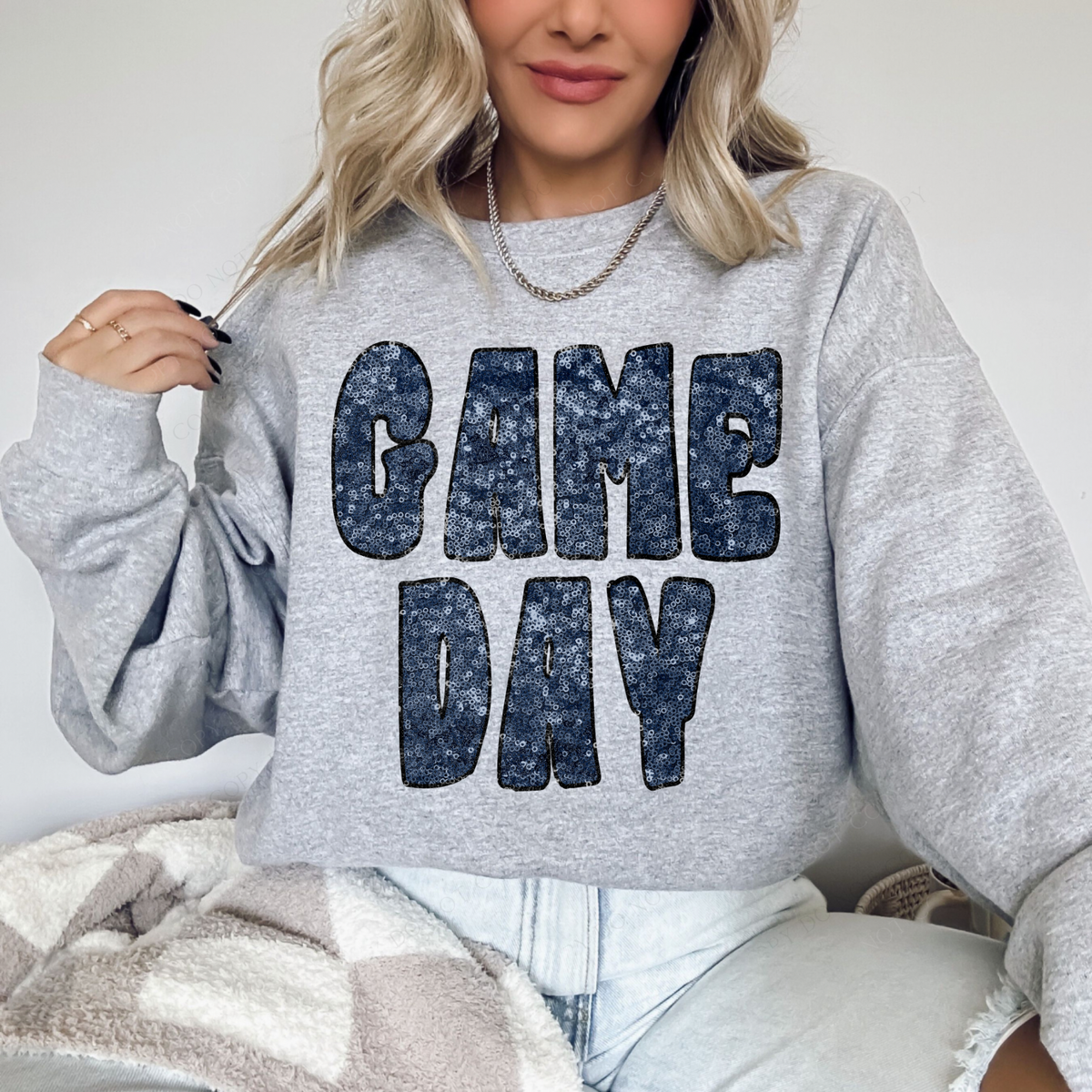 Game Day Retro Faux Sequin with Outline Digital Design in Columbia Navy & Black, PNG