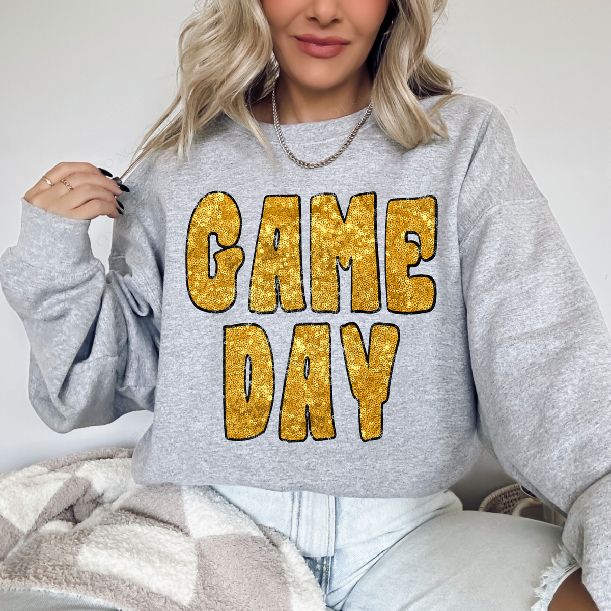 Game Day Retro Faux Sequin with Outline Digital Design in Yellow Gold & Black, PNG