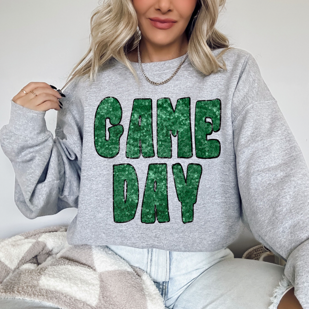 Game Day Retro Faux Sequin with Outline Digital Design in Green & Black, PNG