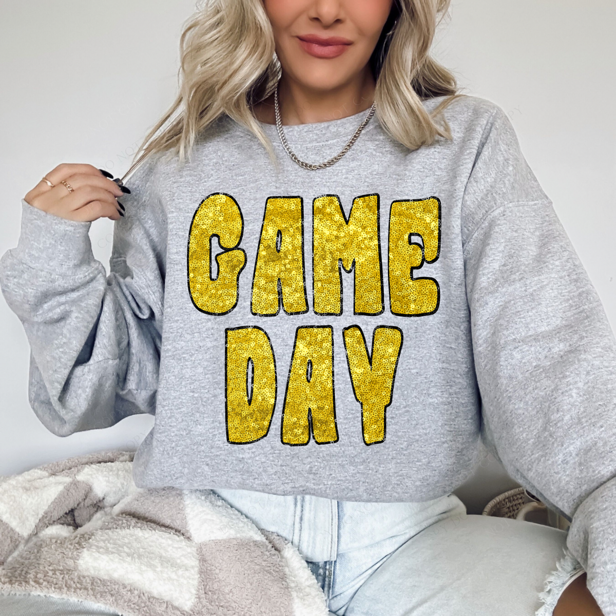 Game Day Retro Faux Sequin with Outline Digital Design in Yellow & Black, PNG