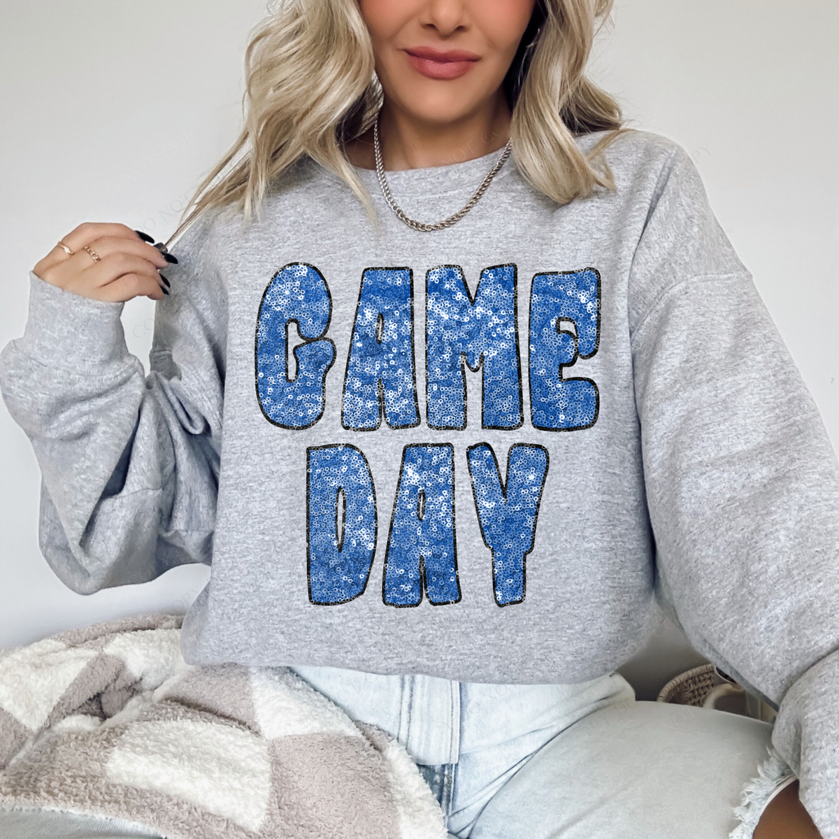Game Day Retro Faux Sequin with Outline Digital Design in Blue & Black, PNG
