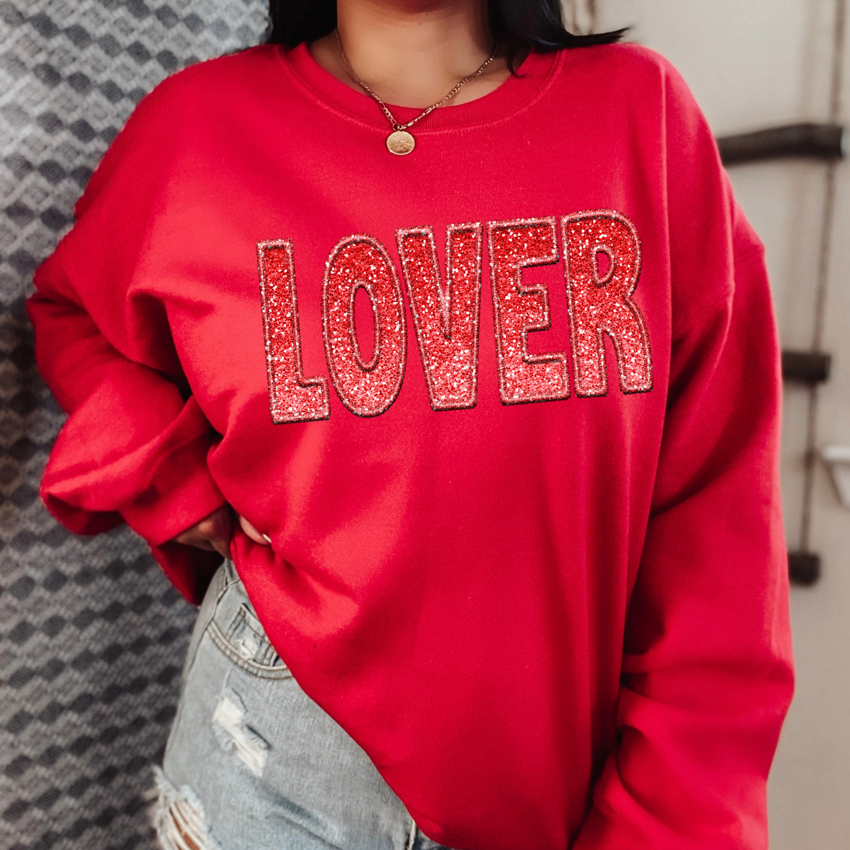 Lover Faux Embroidery Ombré Glitter in Red Digital Design, PNG