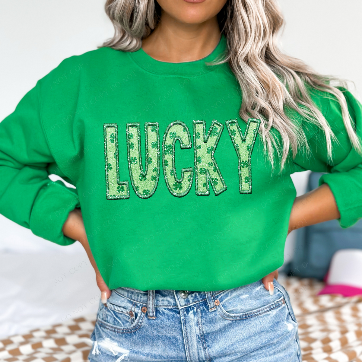 Lucky Faux Embroidery & Clovers Glitter St. Patrick's Day Digital Design, PNG