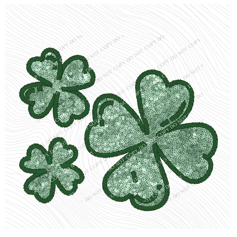 Four Leaf Clovers Faux Embroidery & Glitter Green St. Patrick's Day Digital Design, PNG