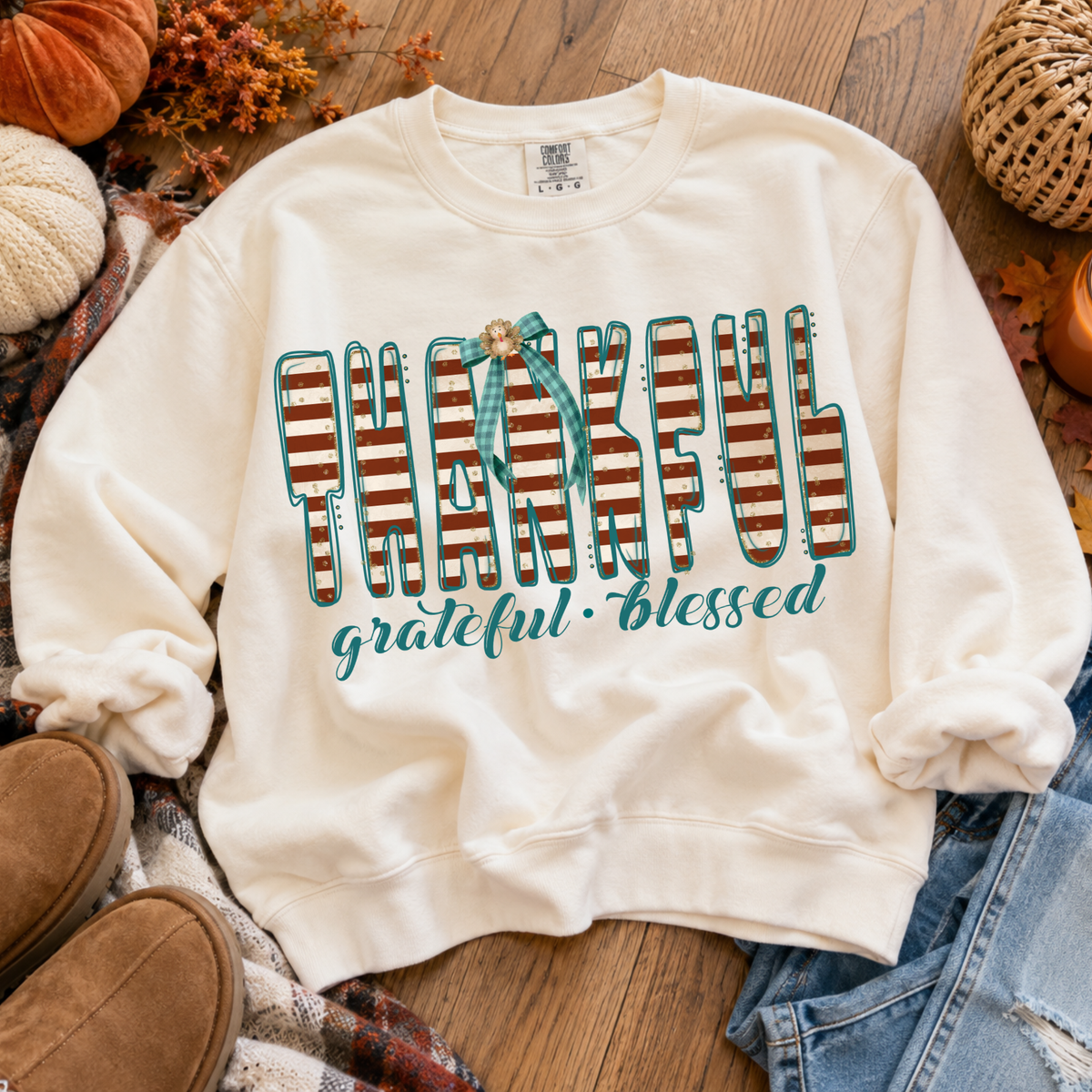 Thankful, Grateful, Blessed Doodle Stripes, Glitter & Bow Digital Design, PNG