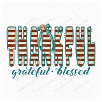 Thankful, Grateful, Blessed Doodle Stripes, Glitter & Bow Digital Design, PNG