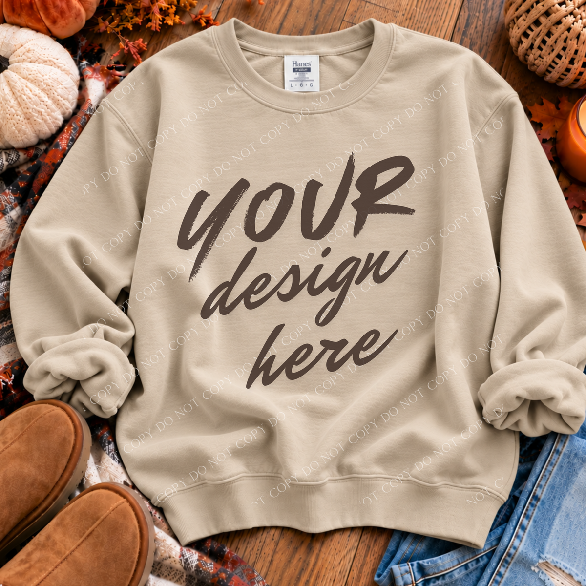 Fall Sweatshirt Flatlay Mockup, Hanes 1607 Sand