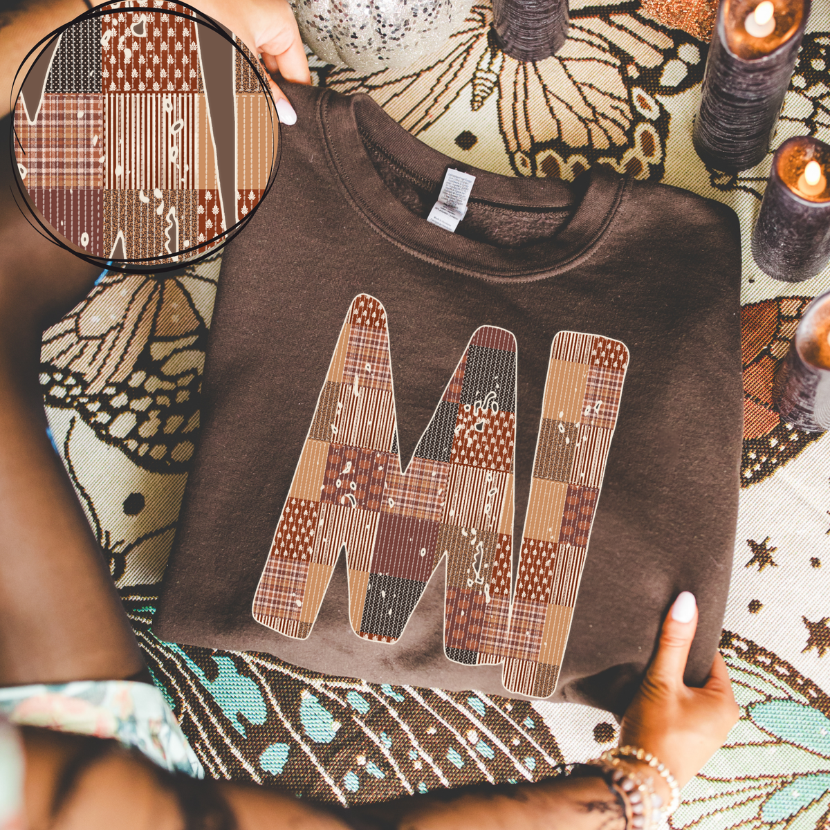 MI Michigan Autumn Pumpkins Quilted Distressed Digital Design in Browns, PNG