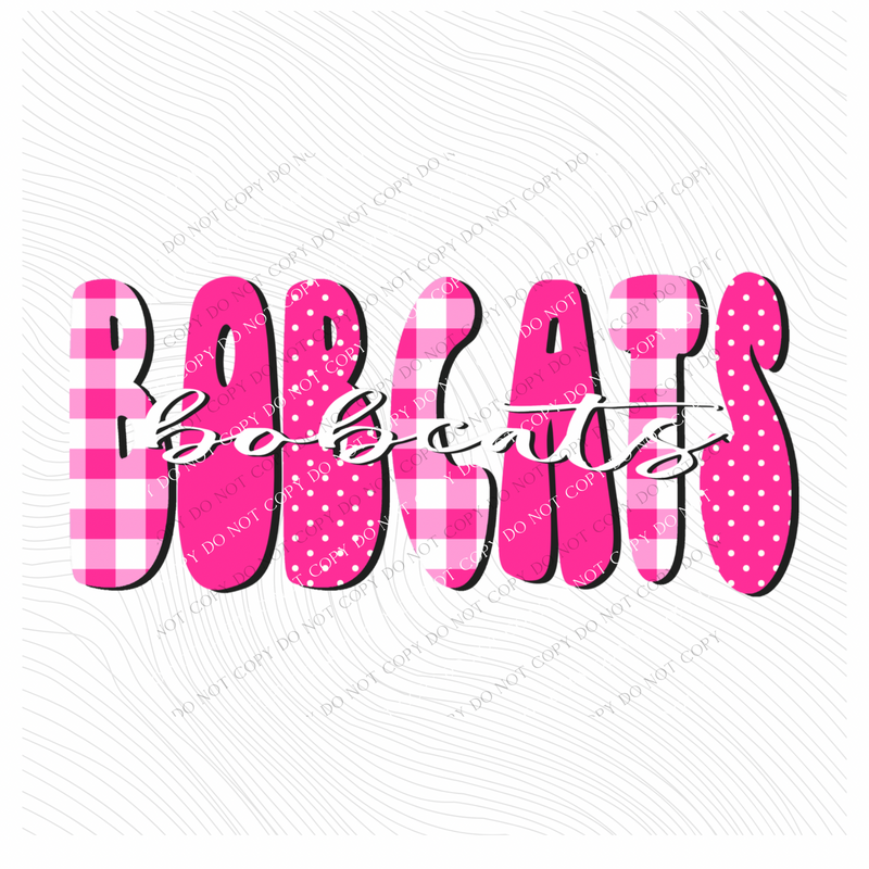 Bobcats Gingham Dots Groovy Script in Pink & White Digital Design, PNG