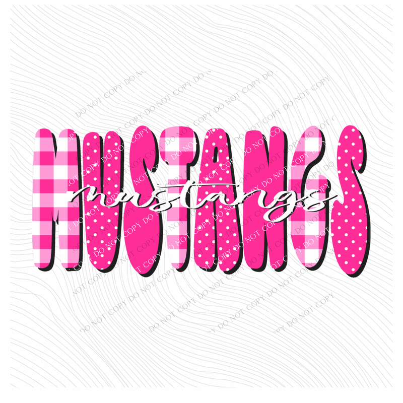 Mustangs Gingham Dots Groovy Script in Pink & White Digital Design, PNG