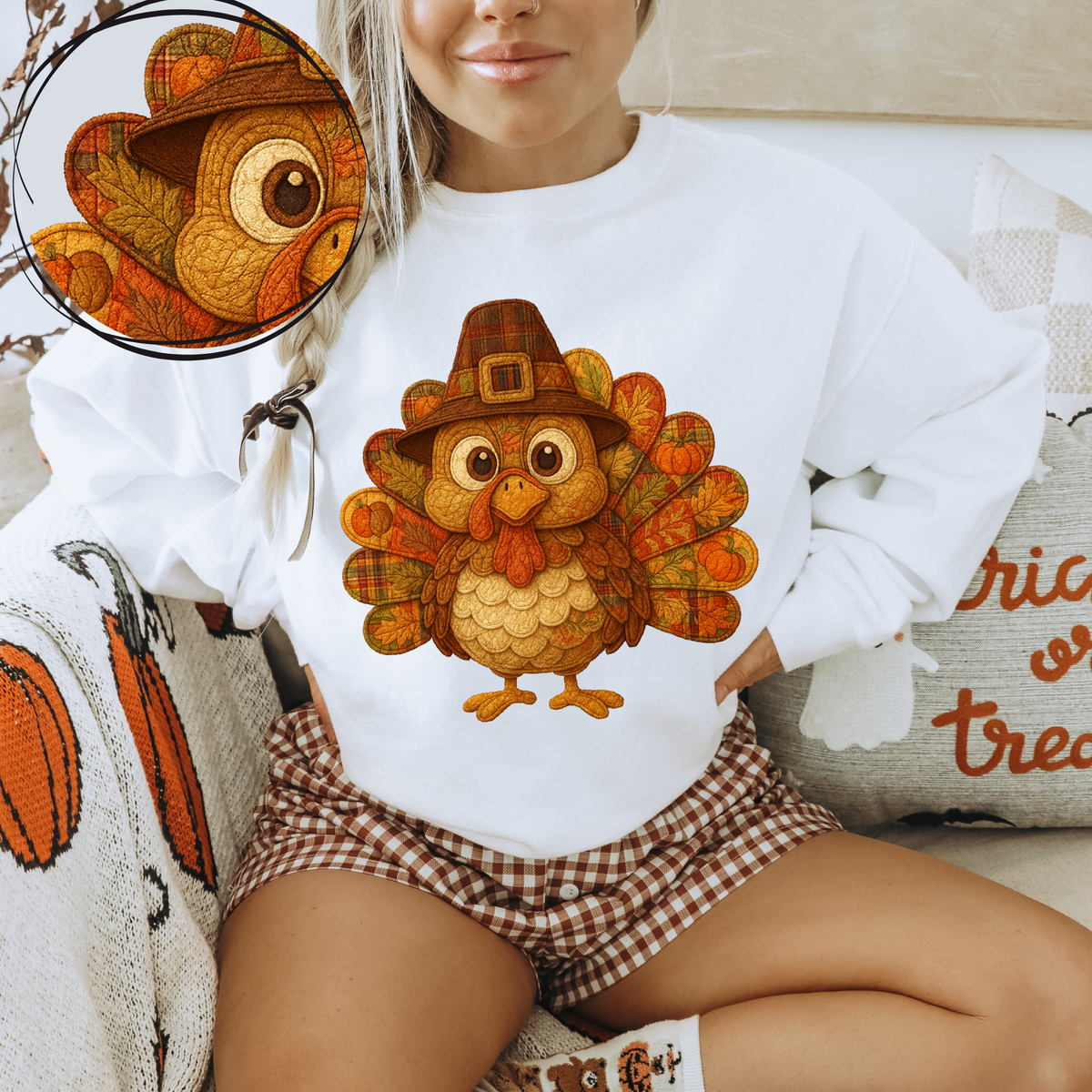 Cute Fall Turkey in 3D Quilted & Embroidery Style Digital Download, PNG