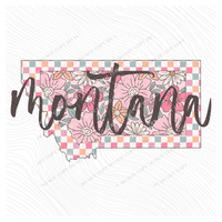 Montana Checkered Floral Script State in Summery Colors Digital Design, PNG
