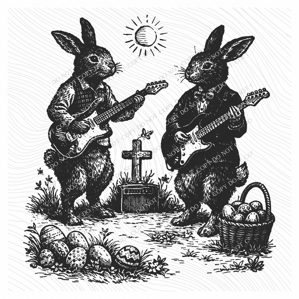 Easter Bunnies Musical in Faded Black Digital Design, PNG