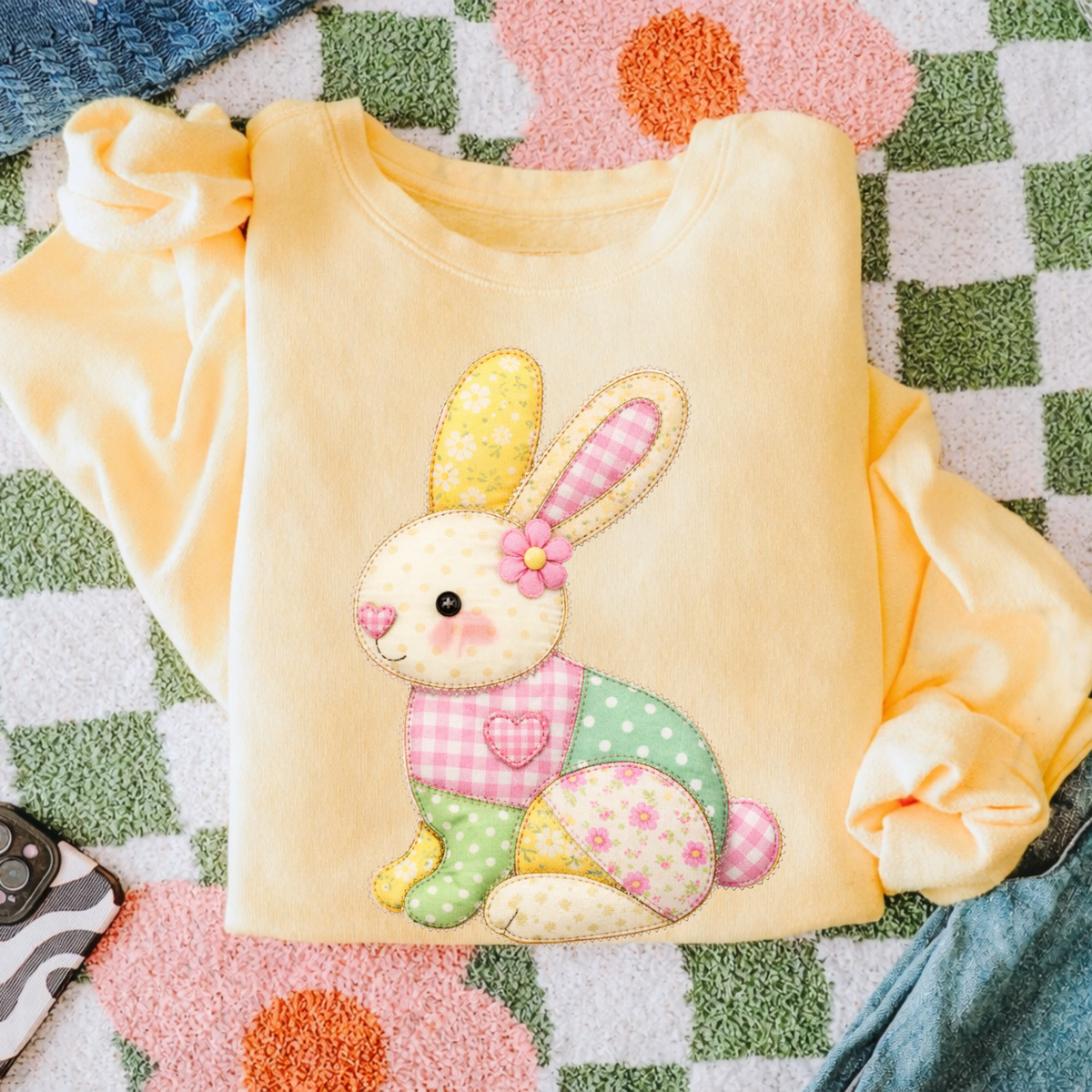 Bunny Spring Tones Quilted Faux Patch Digital Design, PNG