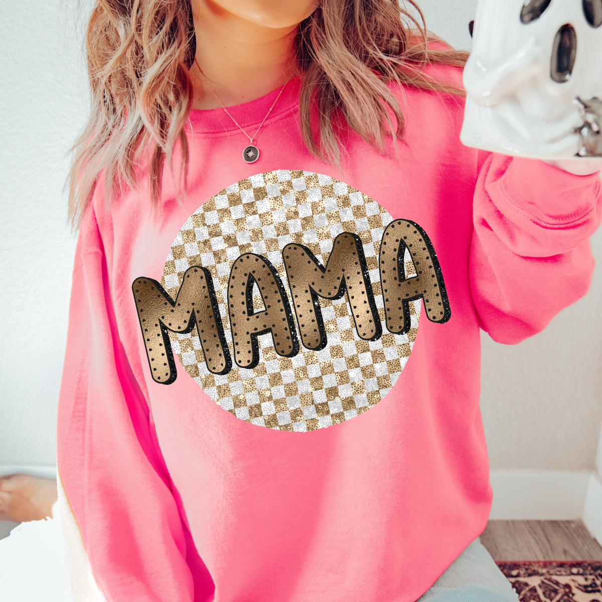 Mama Sequin Checkered Circle with Foil & Glitter Digital Design, PNG