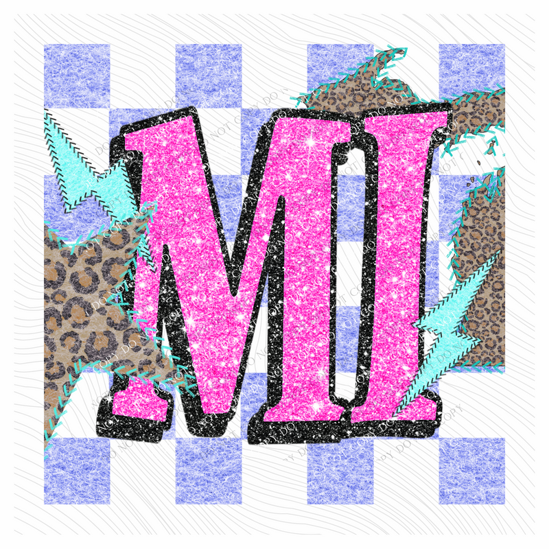 MI Michigan Leopard Checkered Glitter Star & Stitched Bolt & State in Bright Summer Colors Digital Design, PNG