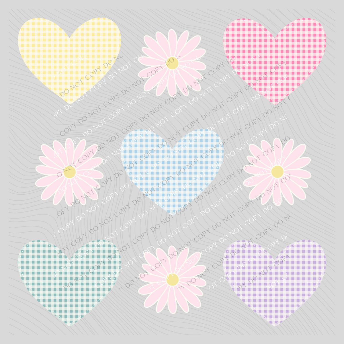 Gingham Stitch Hearts and Flowers in Pastels Digital Design, PNG