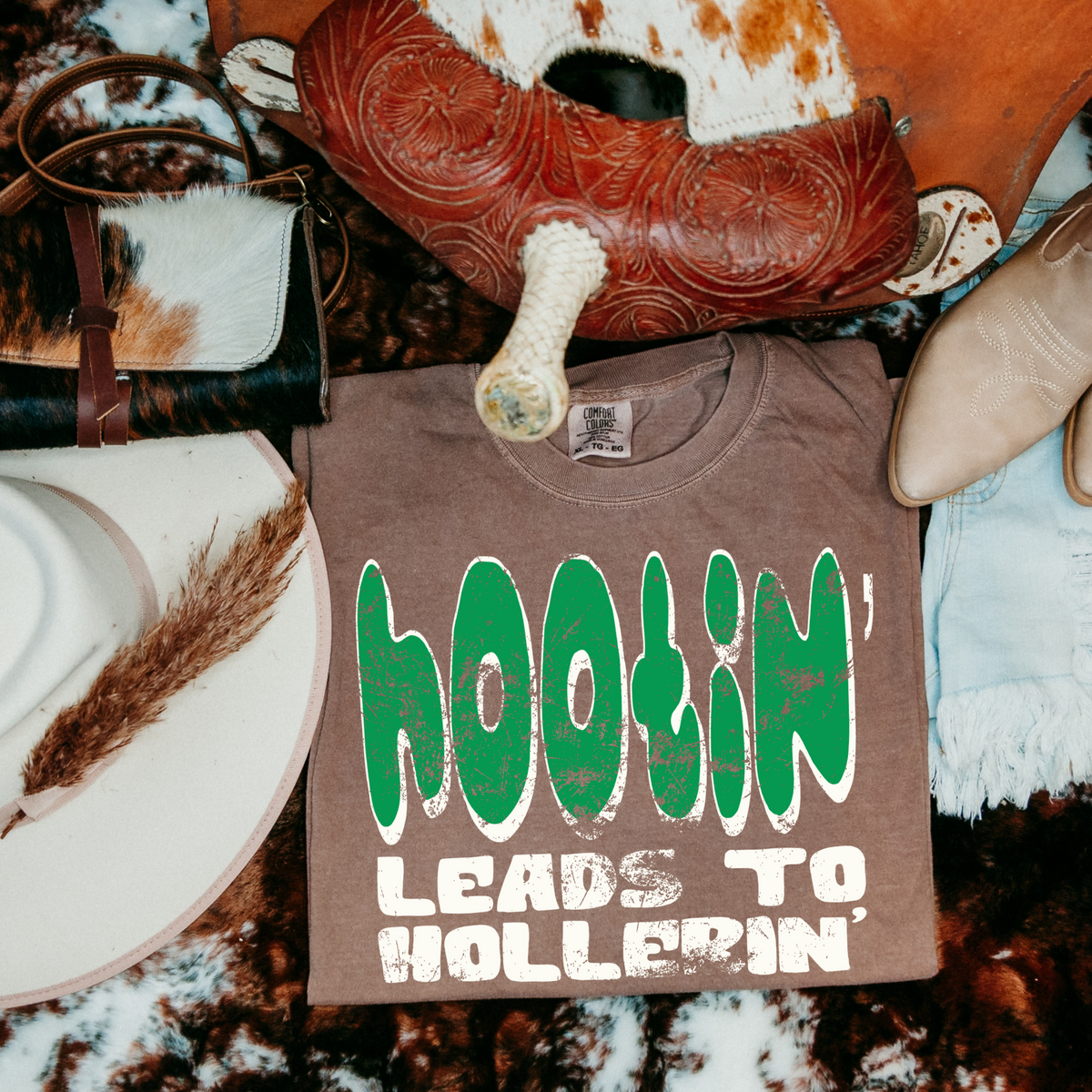 Hootin Leads to Hollerin Distressed Green & White Digital Design, PNG