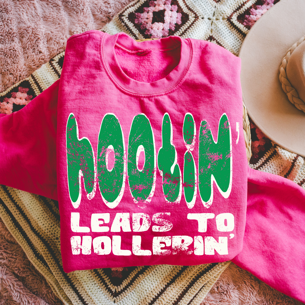 Hootin Leads to Hollerin Distressed Green & White Digital Design, PNG