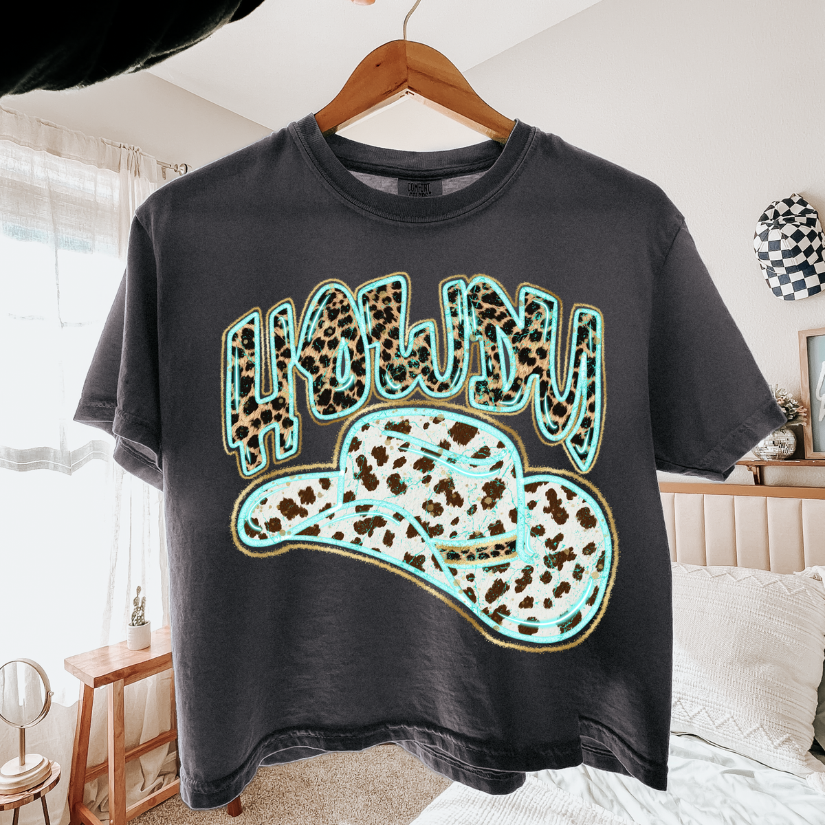 Howdy Cowboy Hat Turquoise Glow Gold Foil Western Leopard & Cow Print Digital Design, PNG Only