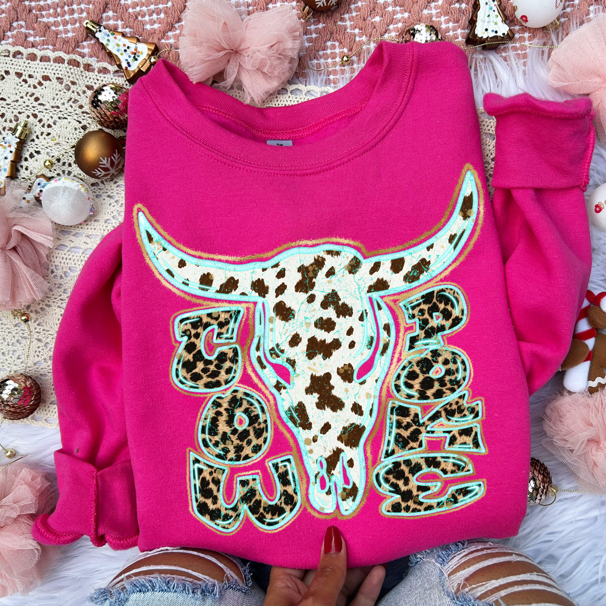 Cowpoke Skull Turquoise Glow Gold Foil Western Leopard & Cow Print Digital Design, PNG Only