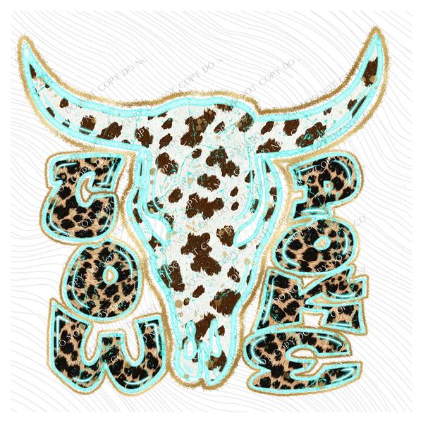 Cowpoke Skull Turquoise Glow Gold Foil Western Leopard & Cow Print Digital Design, PNG Only