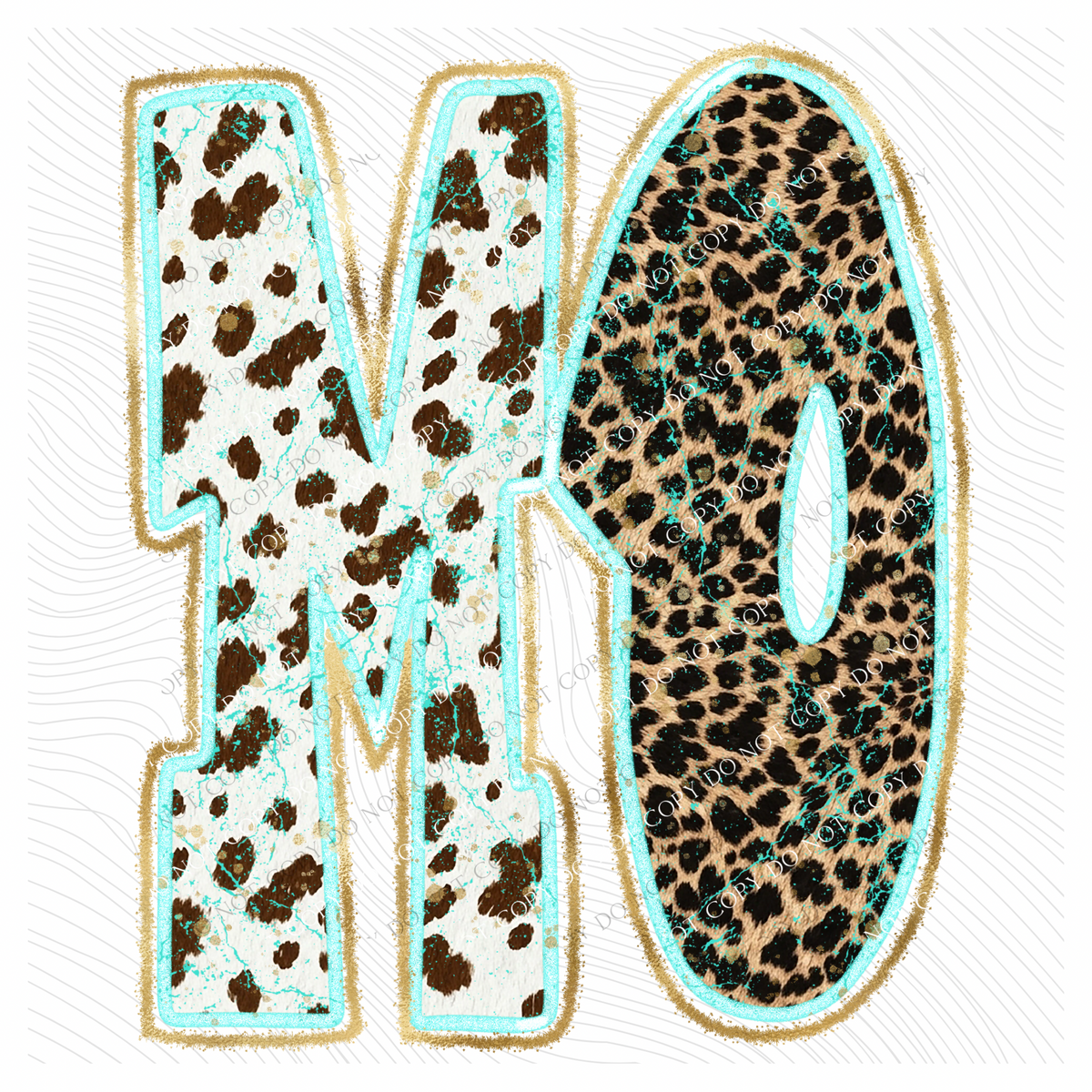 MO Missouri Turquoise Glow Gold Foil Western Leopard & Cow Print Digital Design, PNG Only