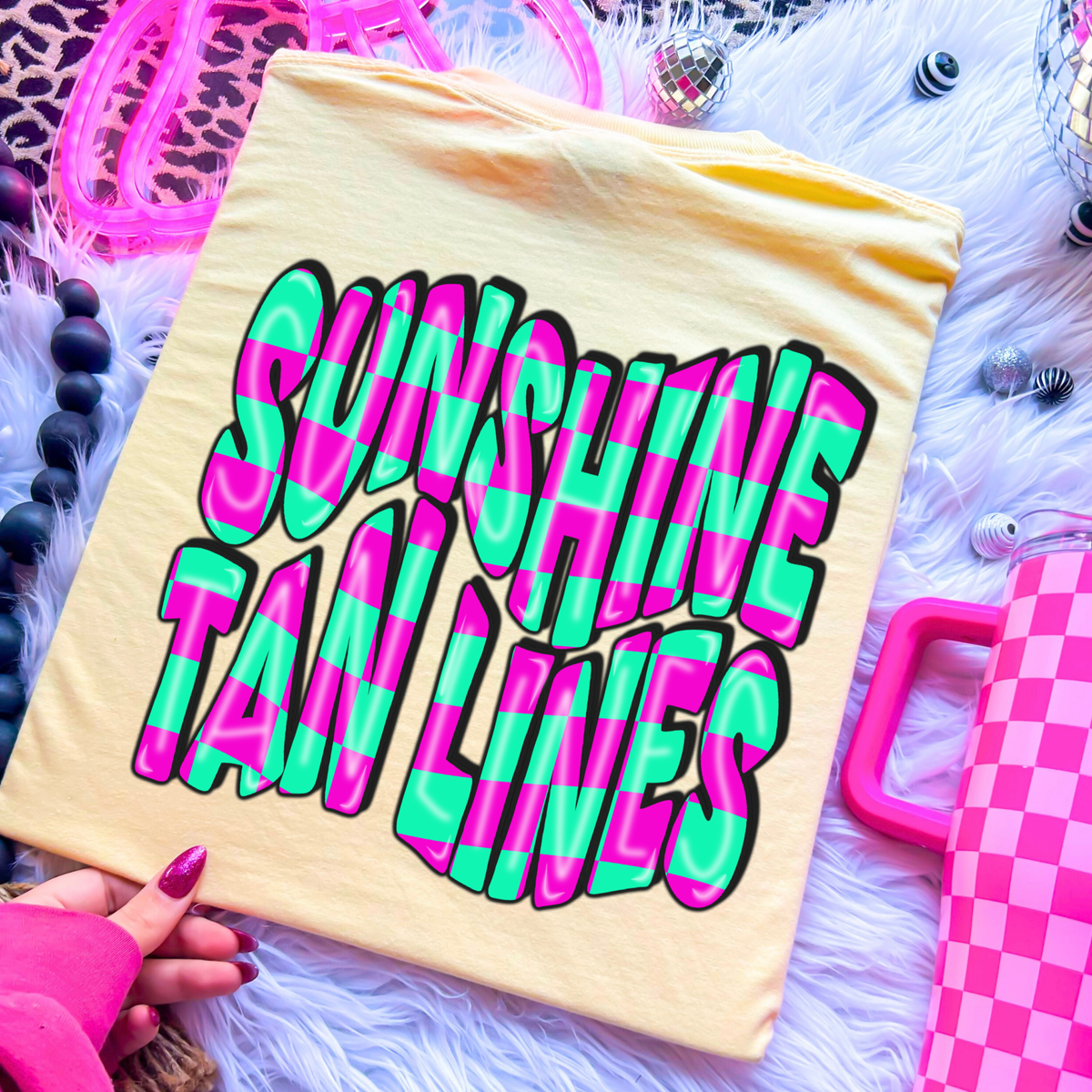 Sunshine Tan Lines 3D Retro Wavy Checkered in Pink & Green Digital Design, PNG