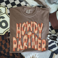 Howdy Partner 3D Retro Wavy Checkered in Orange & Brown Digital Design, PNG