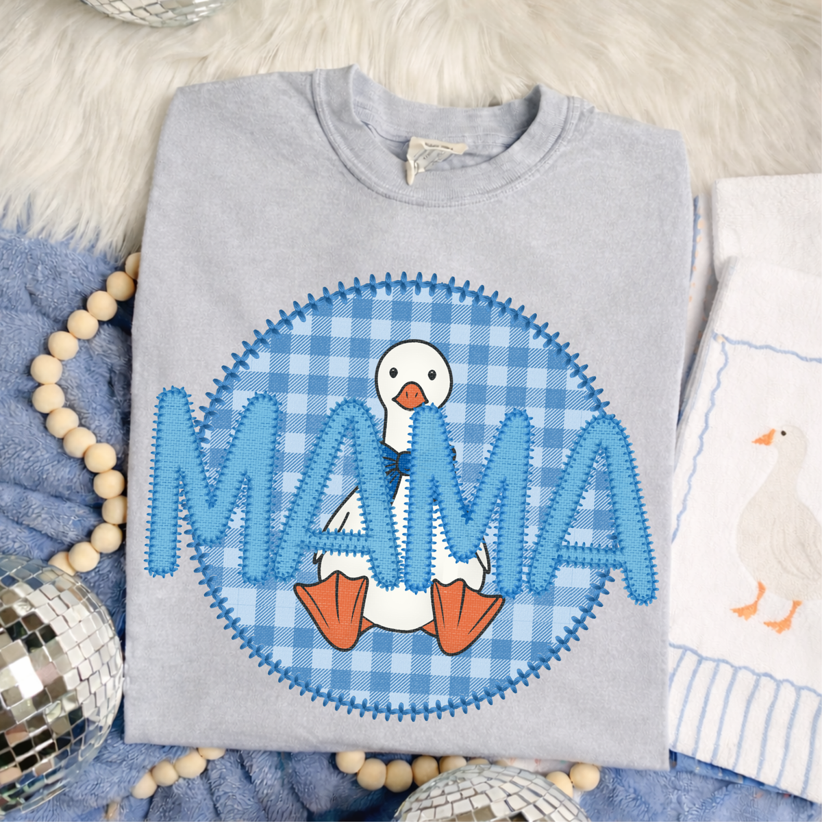 Mama Goose Faux Embroidery Stitch Gingham Texture Circle Blue Digital Design, PNG