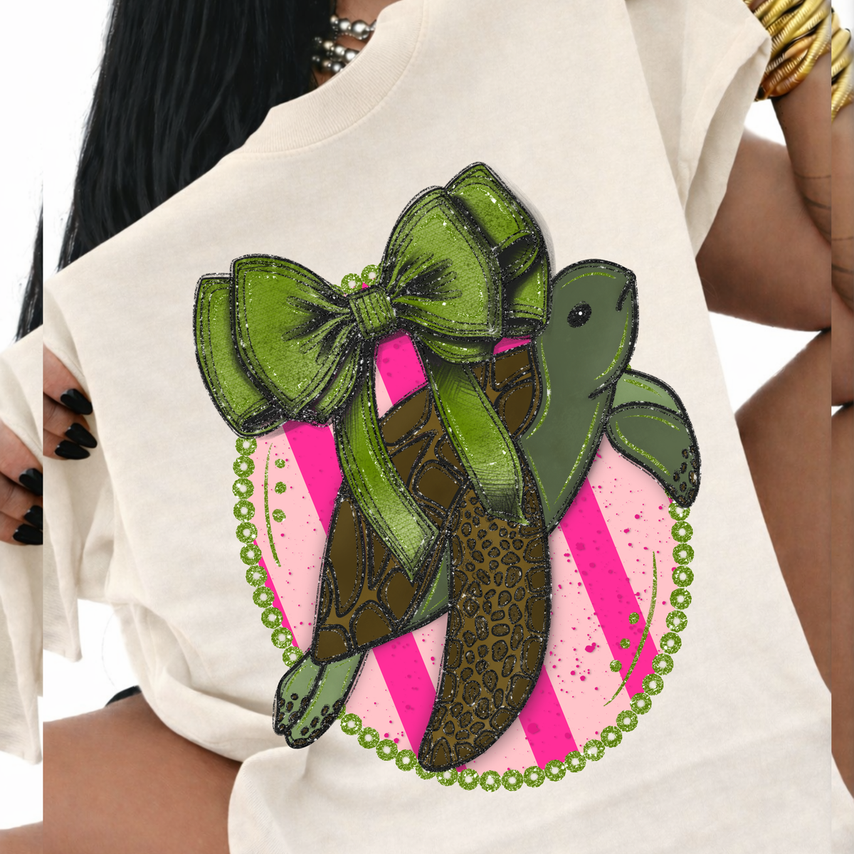 Sea Turtle Glitter Bow & Stripes Oval Coquette Digital Design, PNG