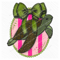 Sea Turtle Glitter Bow & Stripes Oval Coquette Digital Design, PNG