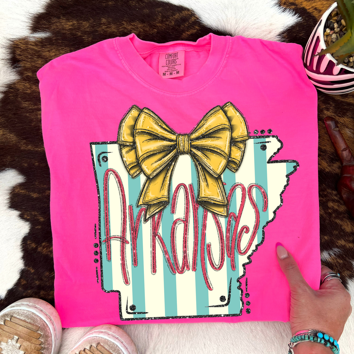 Arkansas Glitter Bow & Stripes Coquette Digital Design, PNG