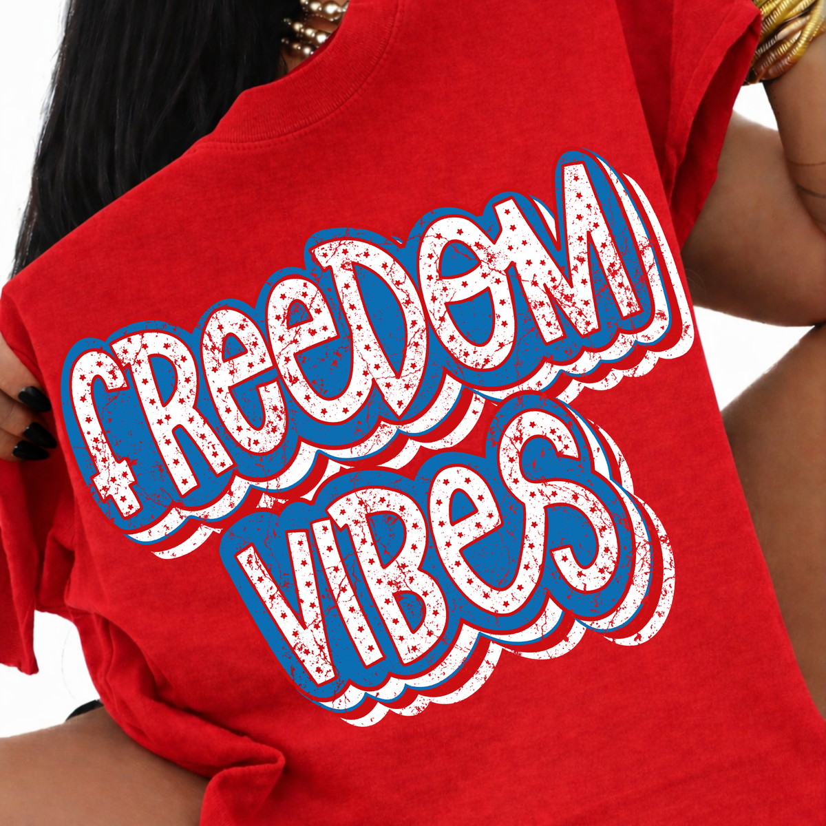 Freedom Vibes Stars & Vintage Stacked Shadow Distressed in Red, White & Blue Patriotic Digital Design, PNG