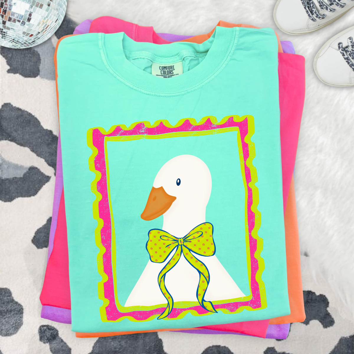 Neon Framed Goose with Floral Bow Digital Design, PNG
