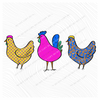 Patterns Chicken Trio Doodle Digital Design, PNG