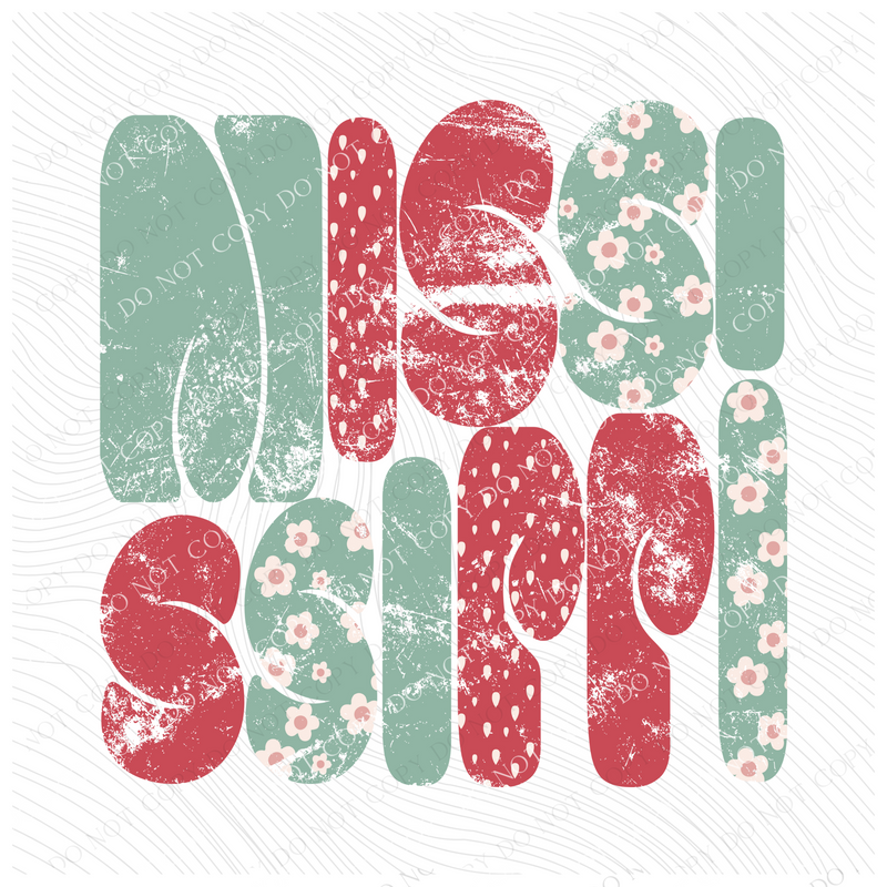 Mississippi Chubby Retro Distressed Daisies in tones of Greens & Reds Digital Design, PNG