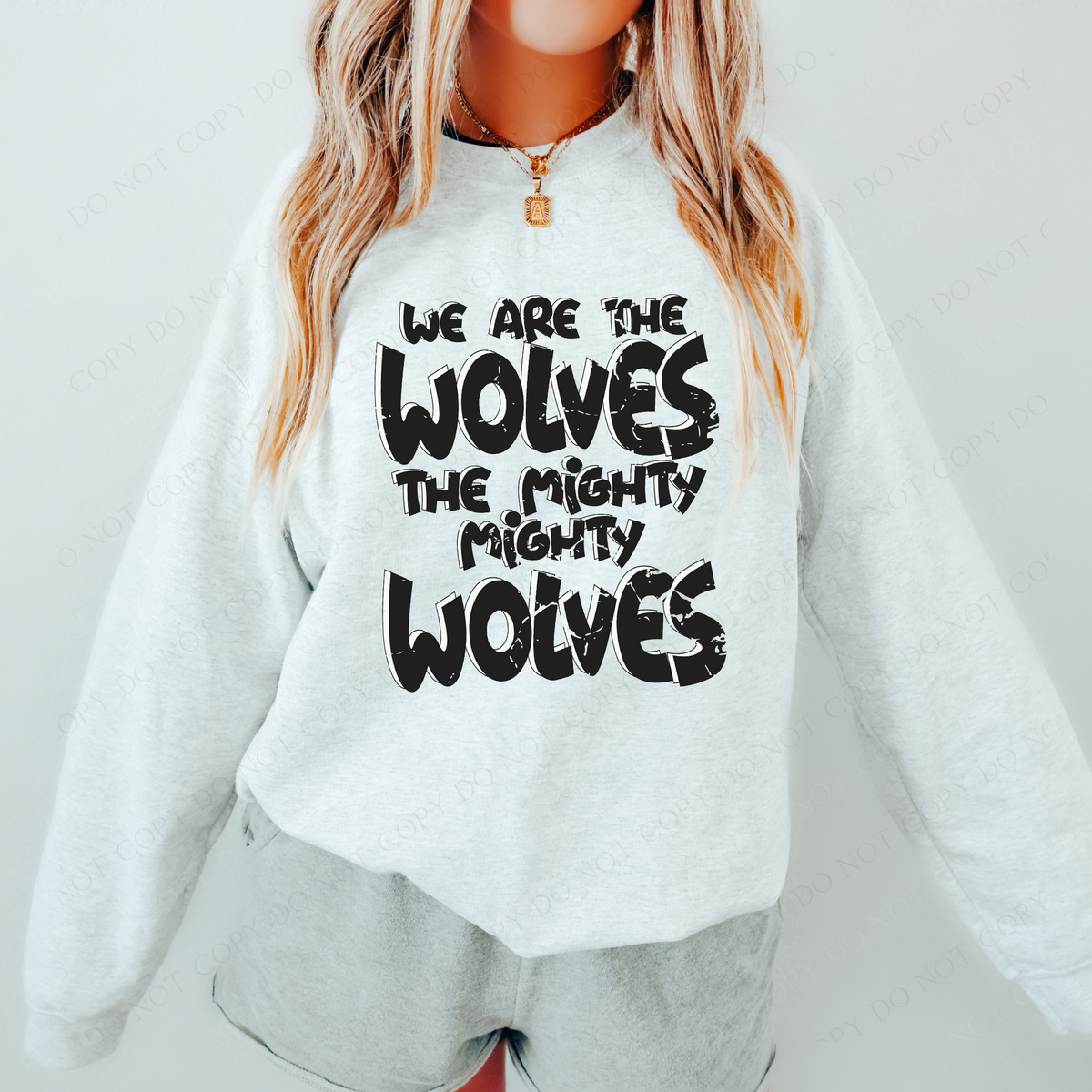 We are the Wolves the Mighty Mighty Wolves Distressed Shadow in Black and White Mascot Digital Design, PNG