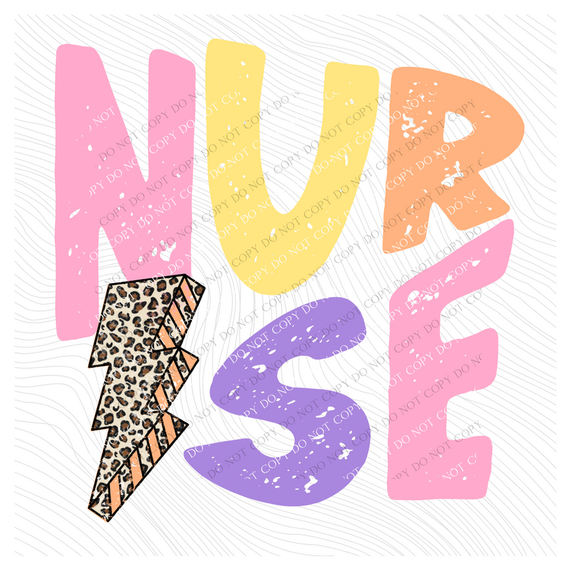 Nurse  Distressed Leopard Lightning Bolt in Pastels, Digital Design, PNG