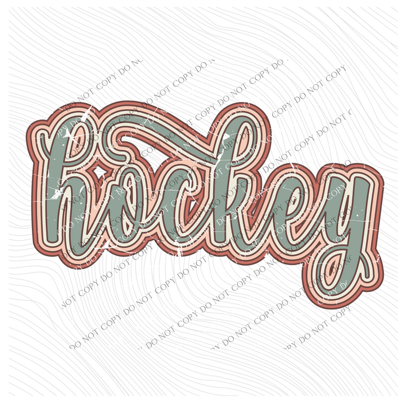 Hockey Boho Scroll Stacked Distressed in Muted Boho Colors Digital Design, PNG Only