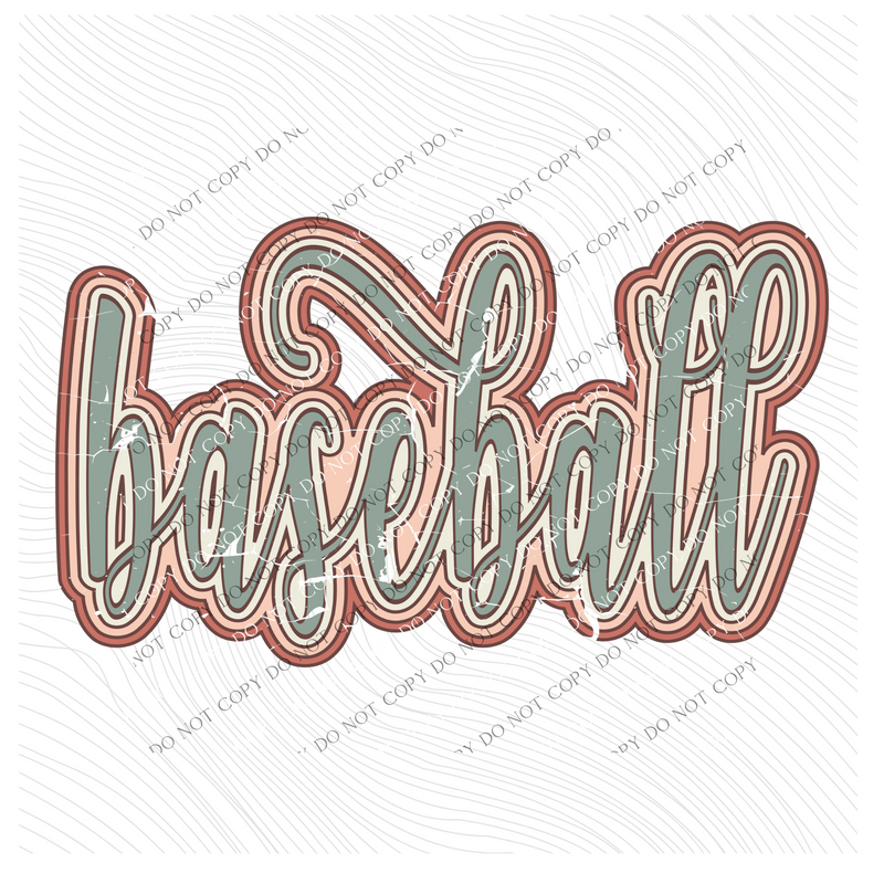 Baseball Boho Scroll Stacked Distressed in Muted Boho Colors Digital Design, PNG Only