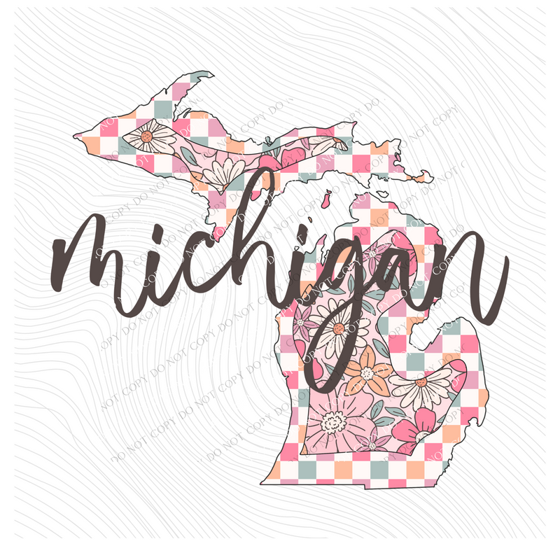 Michigan Checkered Floral in Summery Colors Digital Design, PNG