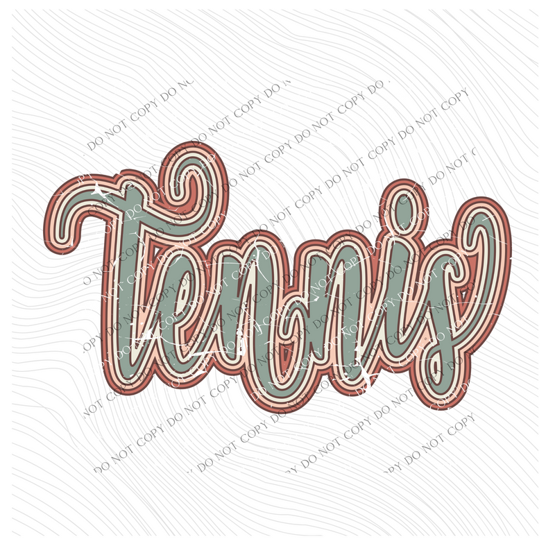 Tennis Boho Scroll Stacked Distressed in Muted Boho Colors Digital Design, PNG Only