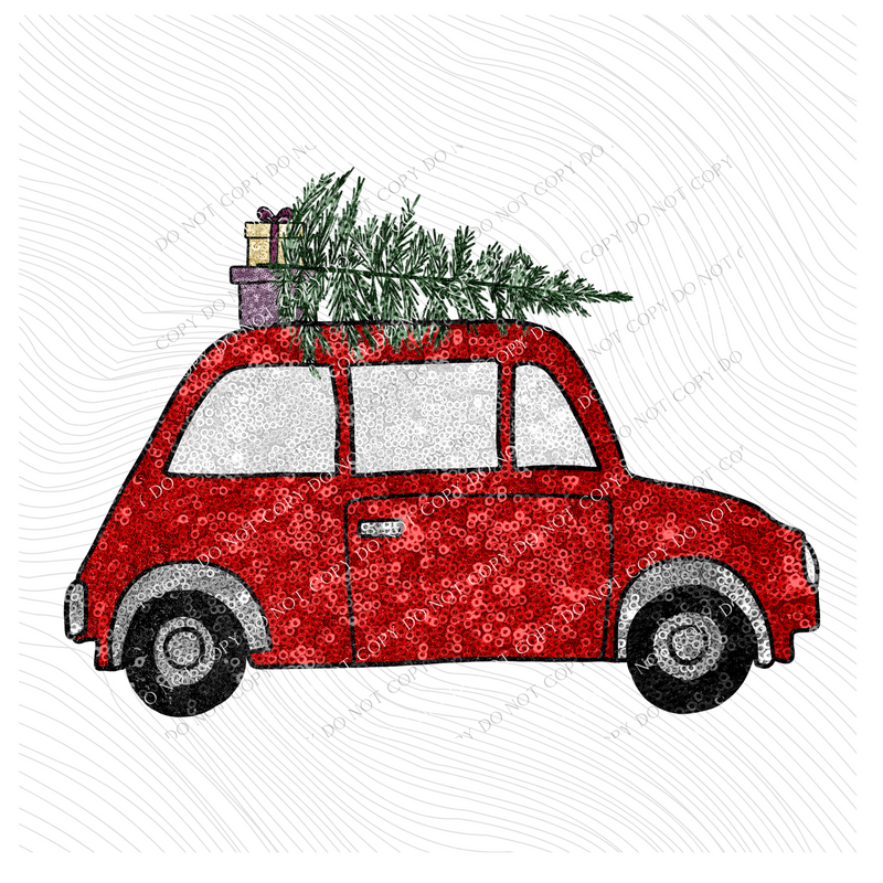 Christmas Car with Tree & Gifts in Faux Sequin Digital Design, PNG